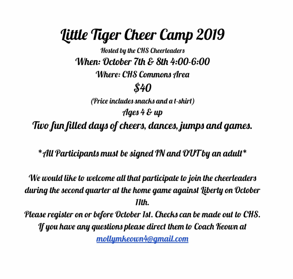 Register today for the Little Tiger Cheer Camp! Link to the registration form here: