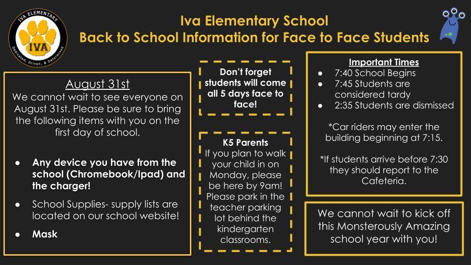 First Day of School Info | Iva Elementary School