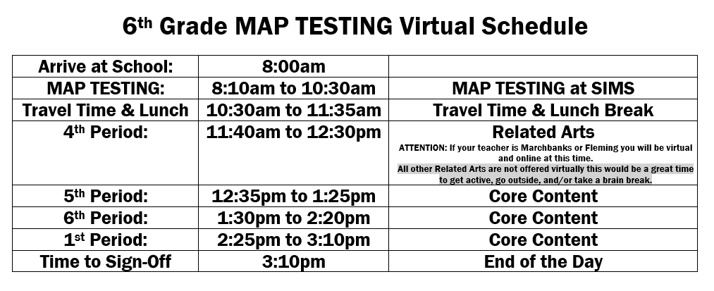 MAP Testing Schedule for Virtual Students