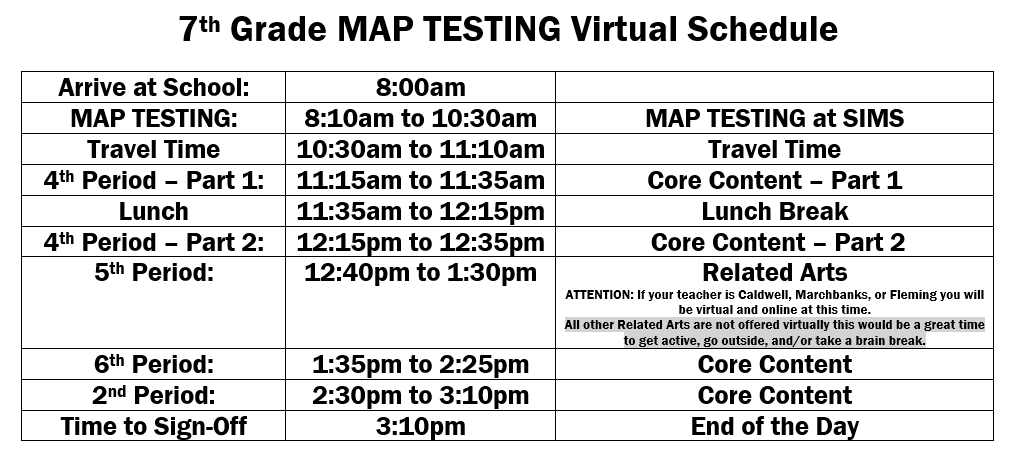 MAP Testing Schedule for Virtual Students